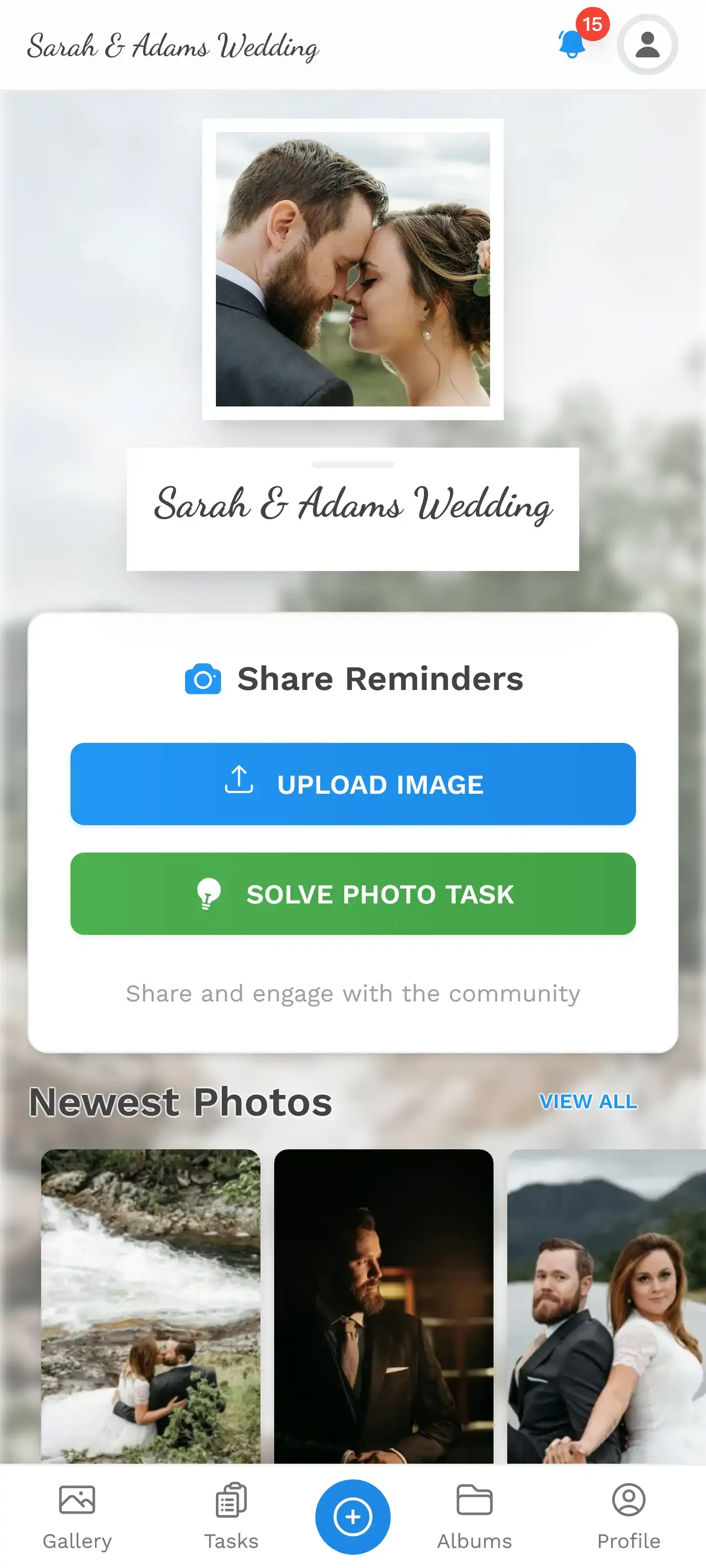 Wedding event home screen with QR upload prompt