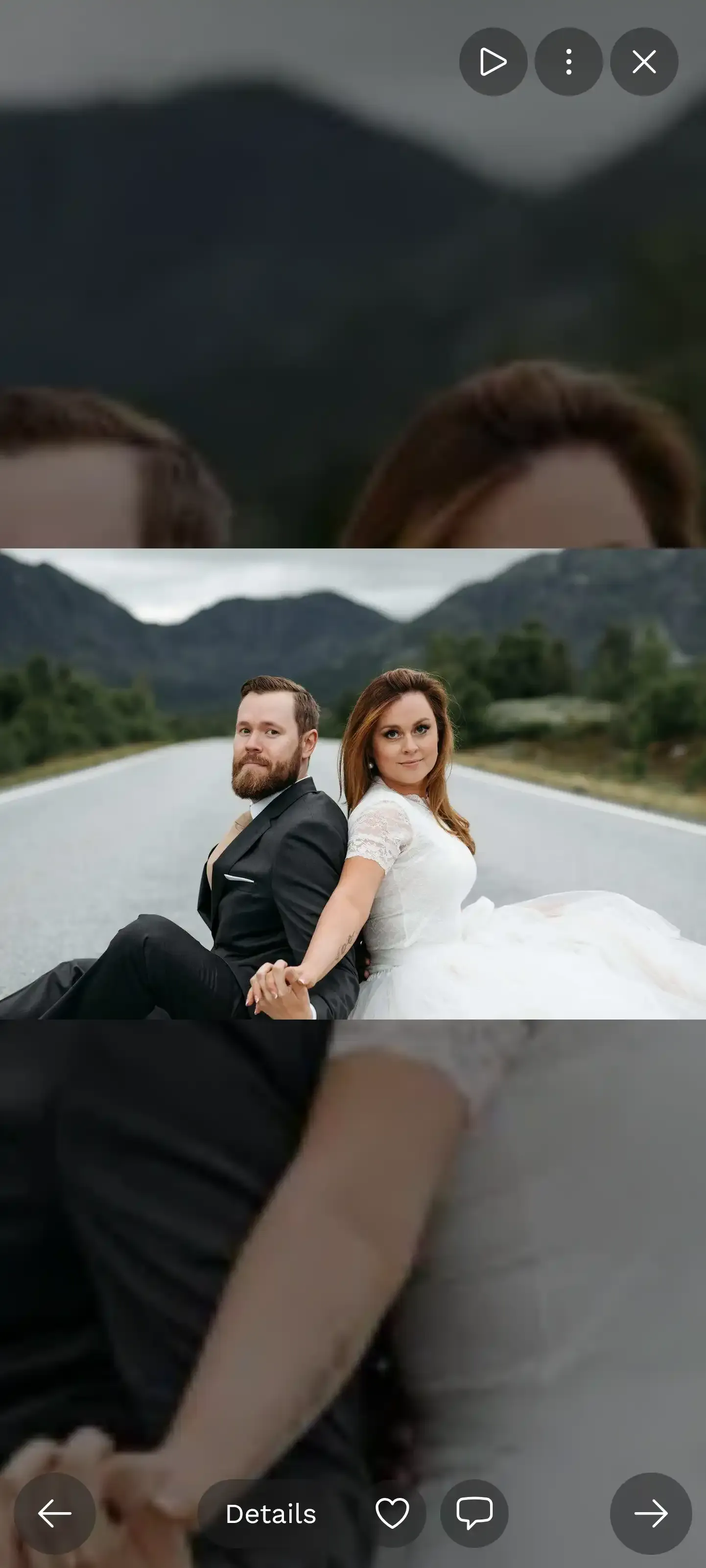 Full-screen slideshow view on mobile showing a wedding photo