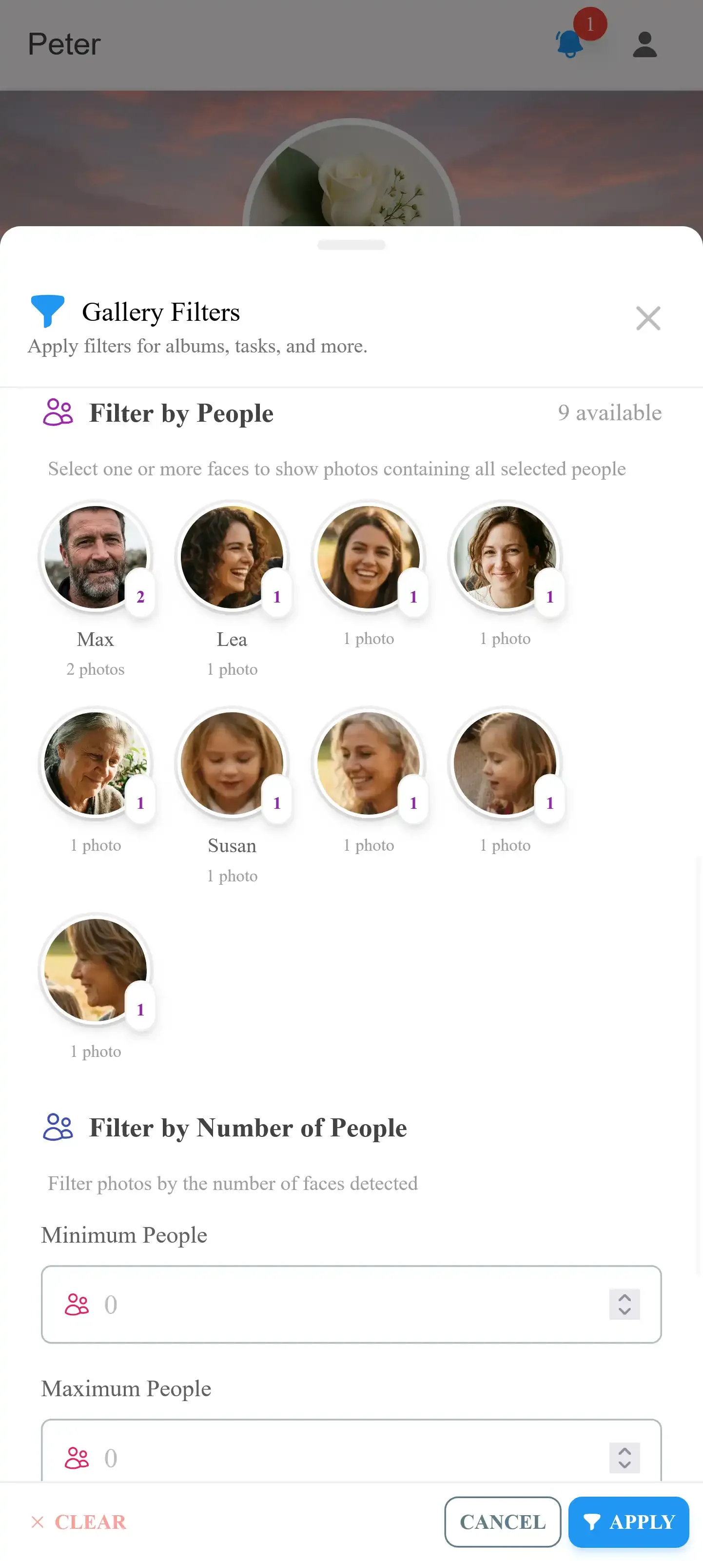 Face recognition filter showing clustered guest photos