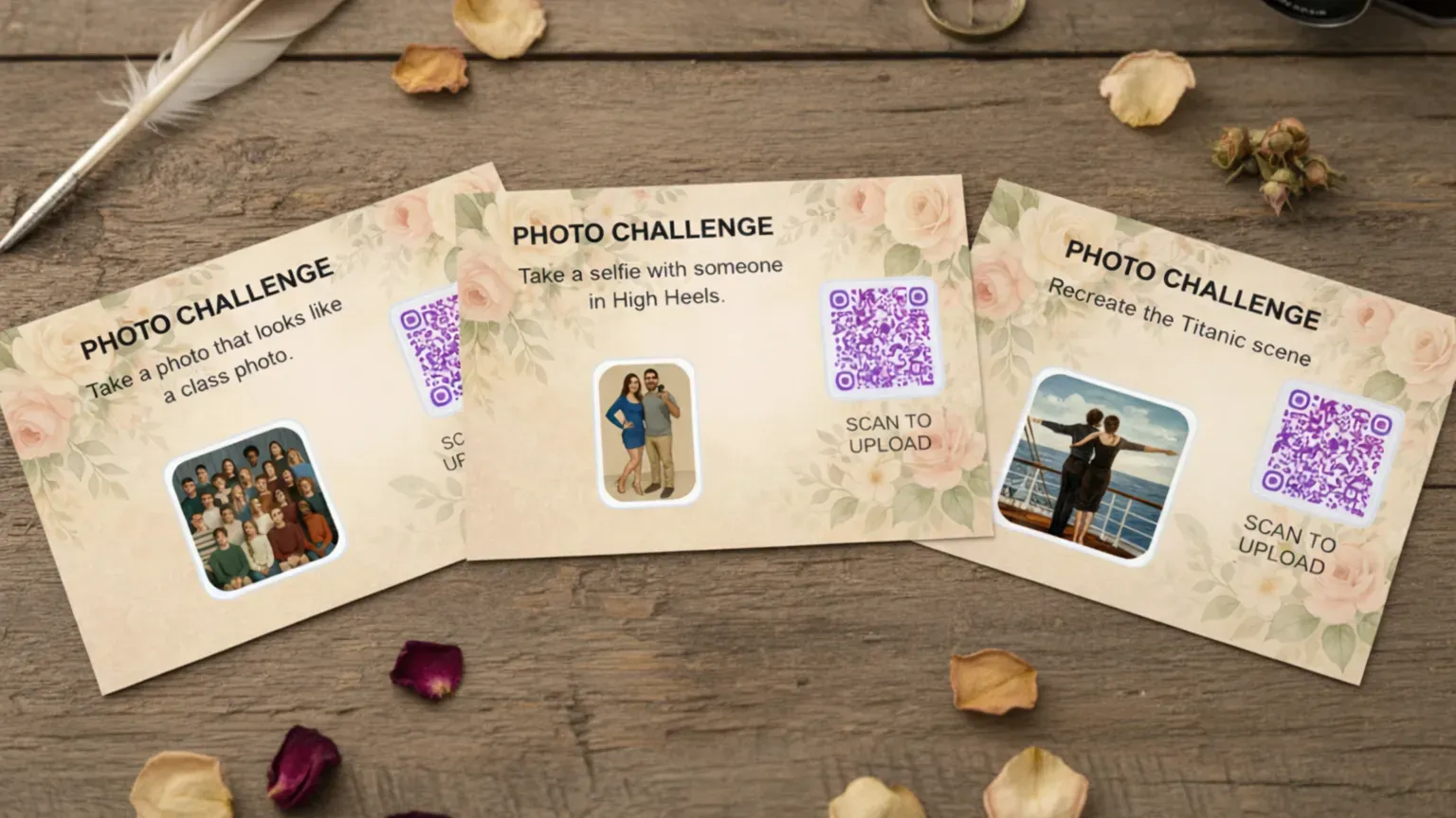 Printed photo challenge cards with QR codes