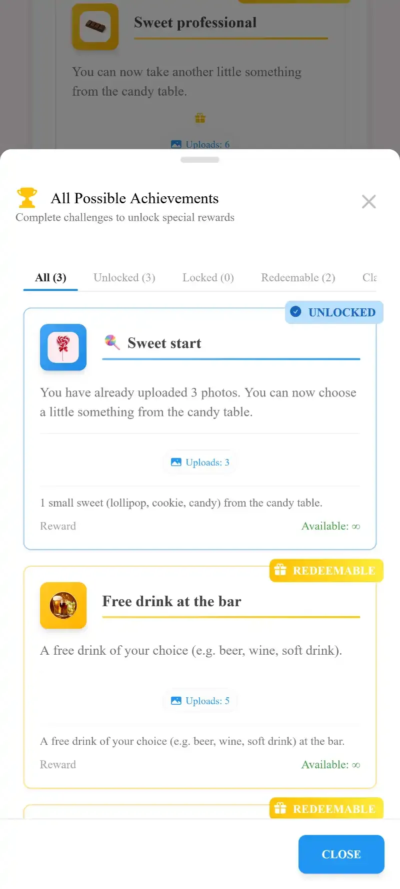 Real-world rewards screen in Photogala