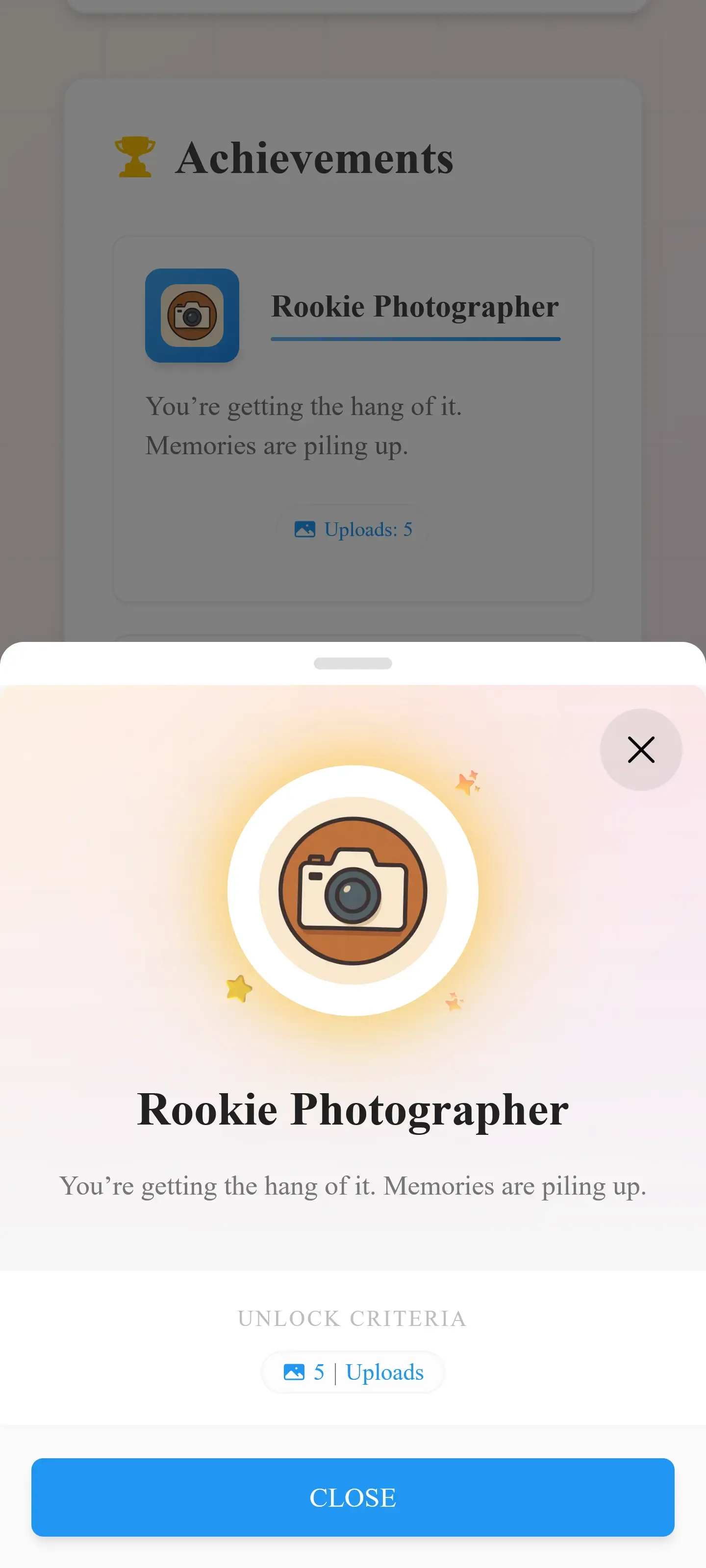 Achievement badges earned by uploading