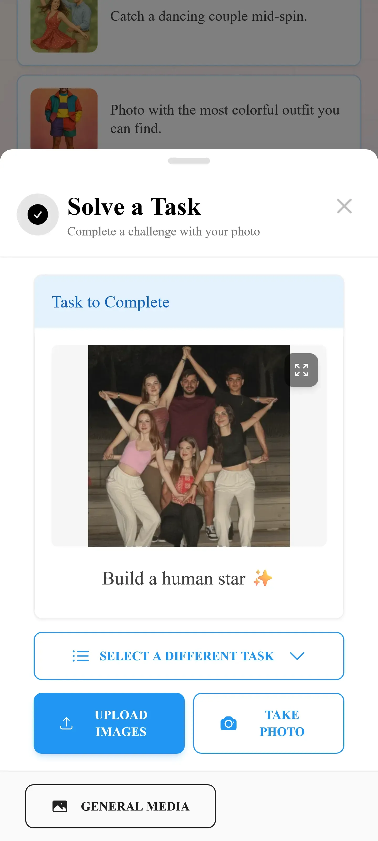 Photo challenges interface on mobile